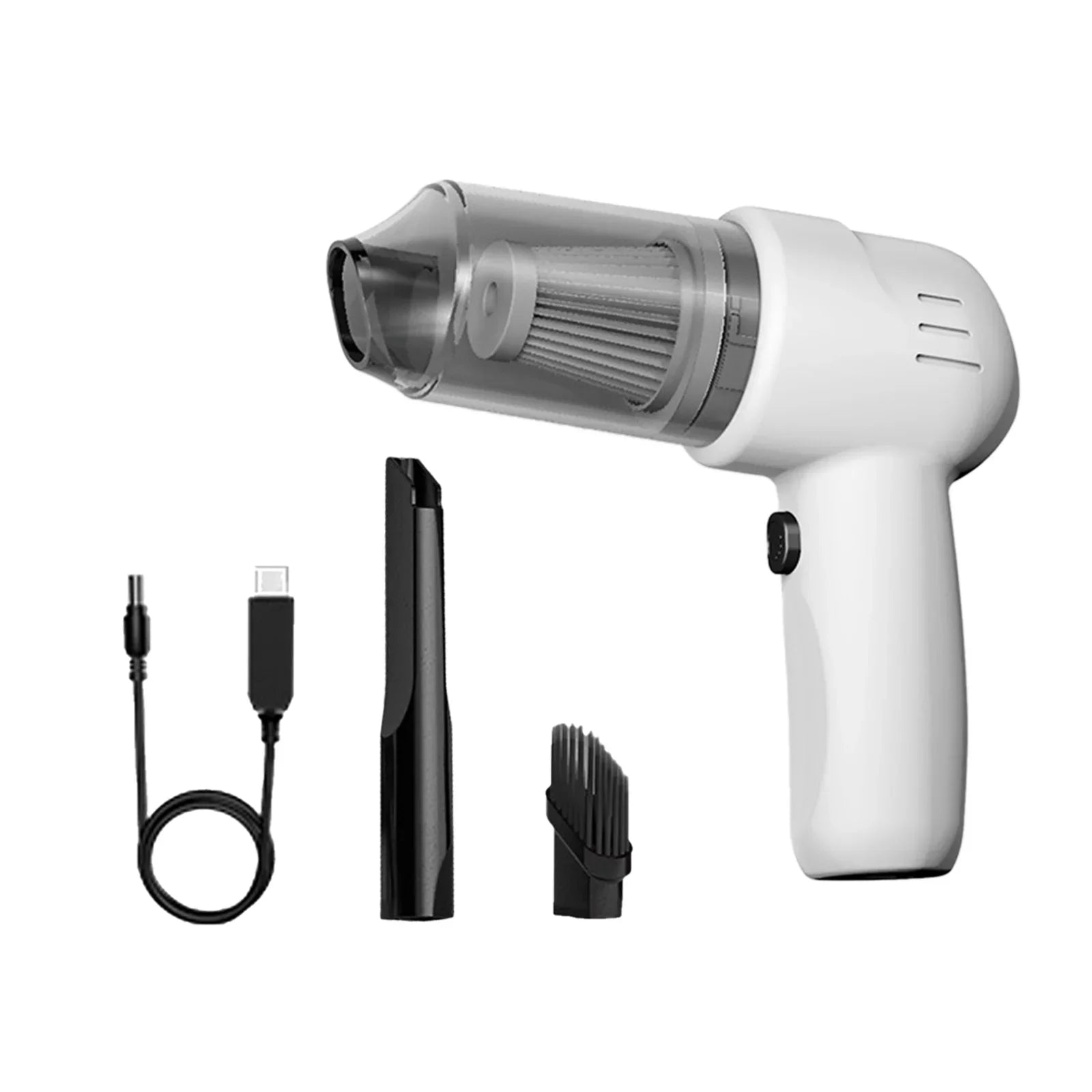 ForKumi USB car vacuum cleaner with detachable nozzle and brush attachments plus charging cable