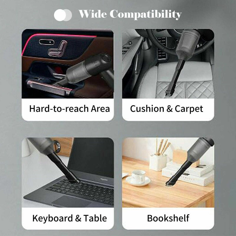 ForKumi USB car vacuum cleaner shown cleaning hard-to-reach areas, cushions, keyboards, and bookshelves
