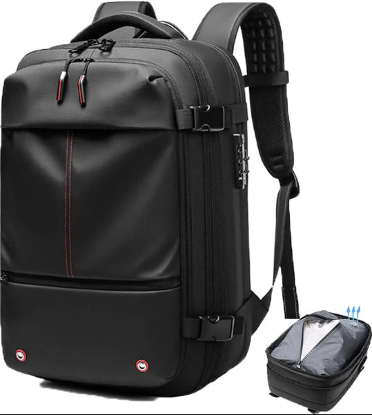 Black vacuum travel backpack from My Store with multiple compartments and padded shoulder straps
