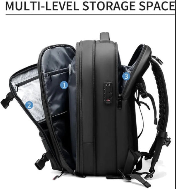 Black vacuum travel backpack with multi-level storage space and organized compartments from My Store