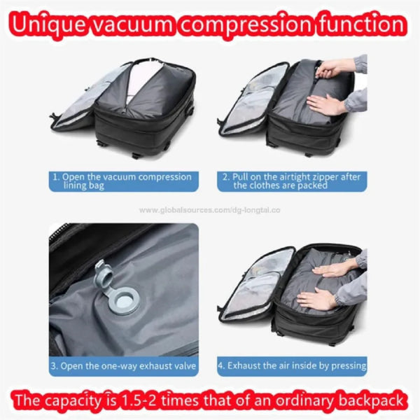 My Store vacuum travel backpack showing unique vacuum compression function for maximizing packing capacity