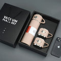 ForKumi 12 hour stainless steel thermos set with one tall flask and two matching cups in beige color