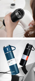 ForKumi 12 hour stainless steel thermos set in black and blue with leak-proof lids for hot and cold drinks