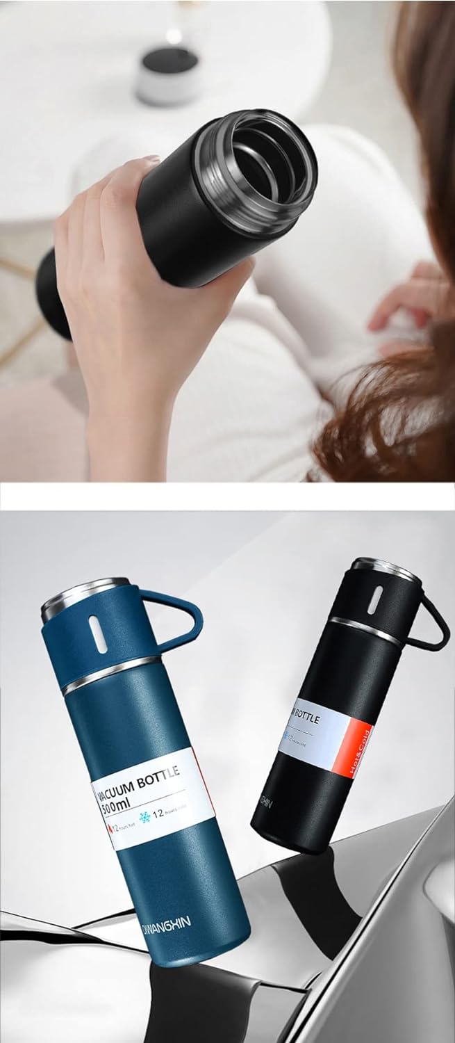 ForKumi 12 hour stainless steel thermos set in black and blue with leak-proof lids for hot and cold drinks