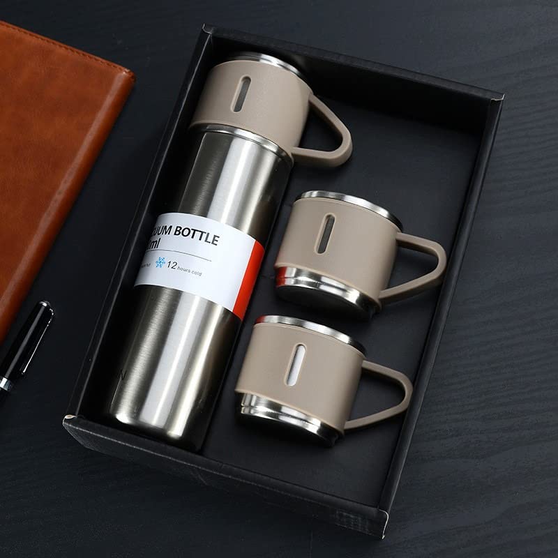 ForKumi 12 hour stainless steel thermos set with one tall thermos and two matching mugs in a black gift box
