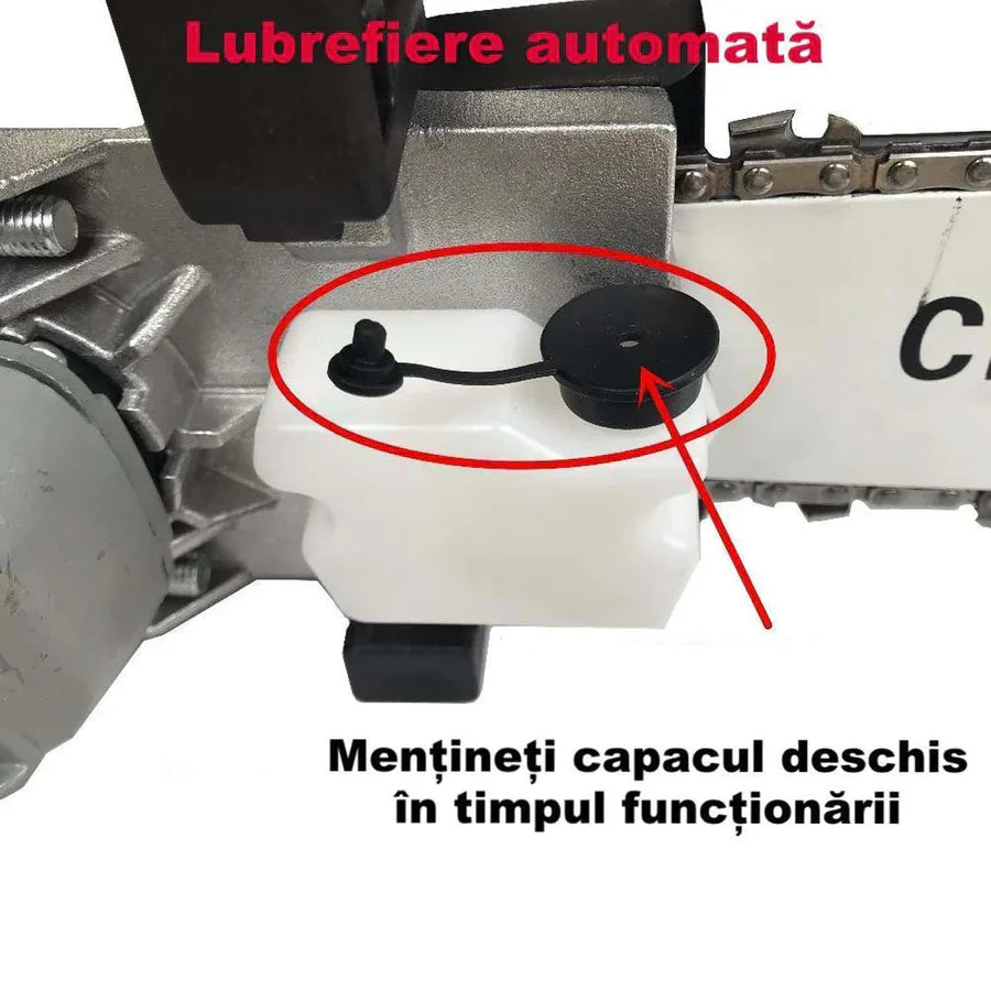 ForKumi 12 inch chainsaw blade adapter showing automatic lubrication system with open cap