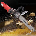 ForKumi 12 inch chainsaw blade adapter attached to electric chainsaw cutting wood pieces