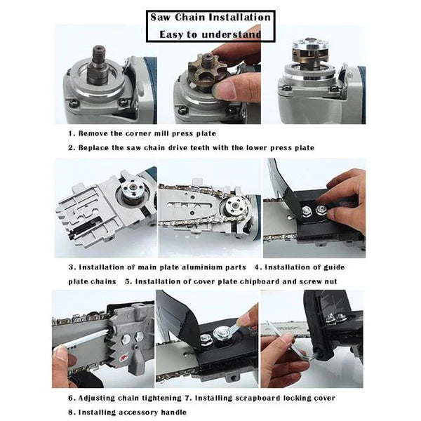 ForKumi 12 inch chainsaw blade adapter installation steps demonstrating parts replacement and chain adjustment