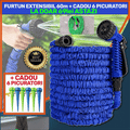 ForKumi 60m expandable garden hose in blue with spray nozzle and six green drip irrigation stakes