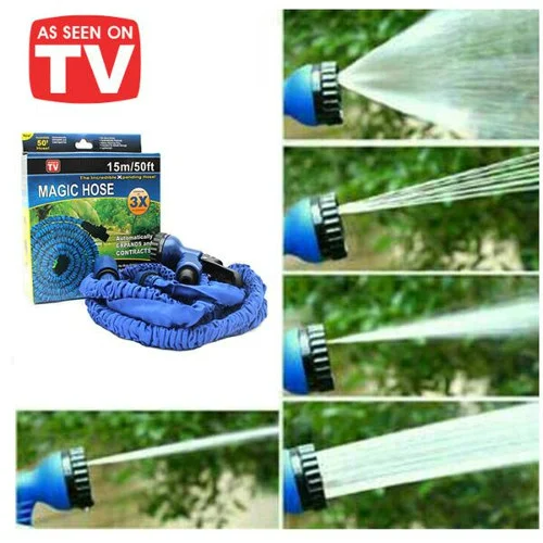 ForKumi 60m expandable garden hose in blue with multiple spray settings and packaging