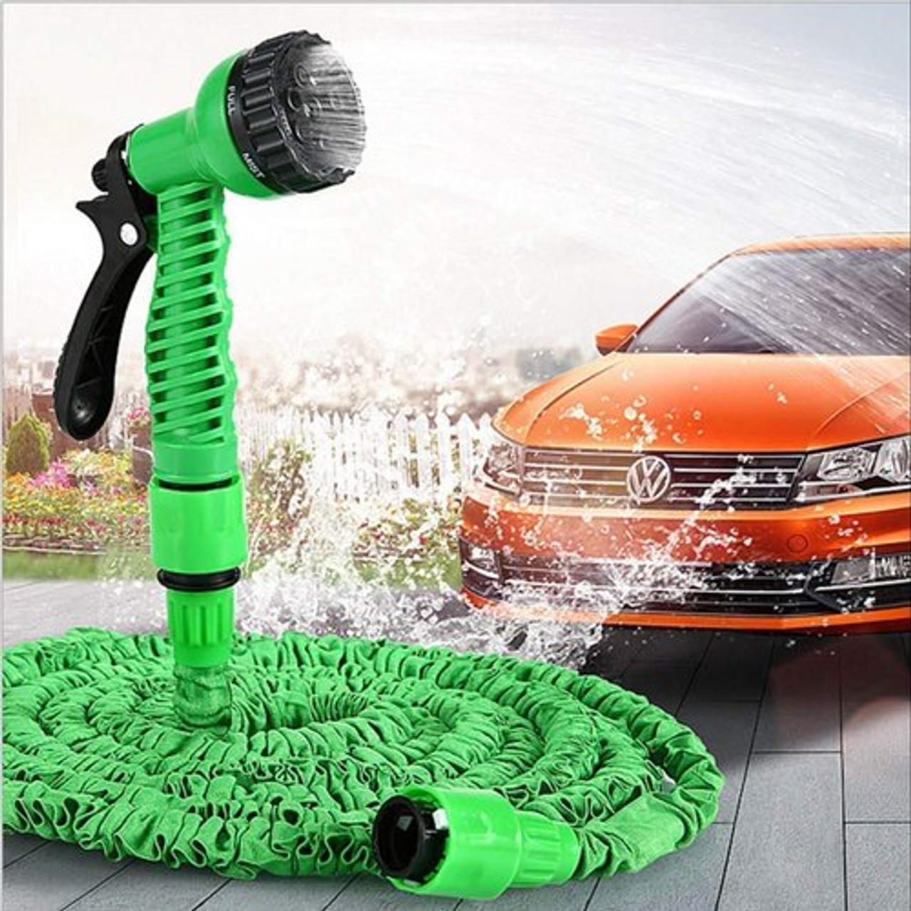 ForKumi 60m expandable garden hose with green spray nozzle washing an orange car outdoors
