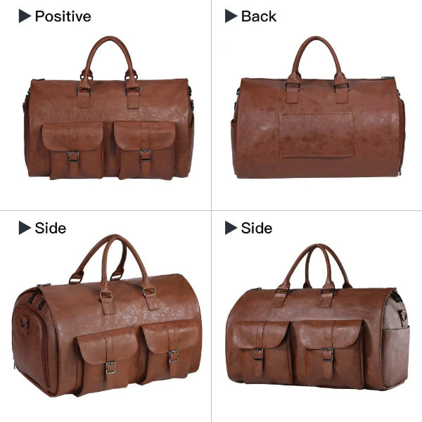 SEYFOCNIA brown leather carry-on duffel bag for men with front pockets and sturdy handles