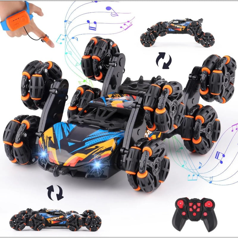 Black and orange gesture controlled stunt car with flexible wheels and remote control for tricks