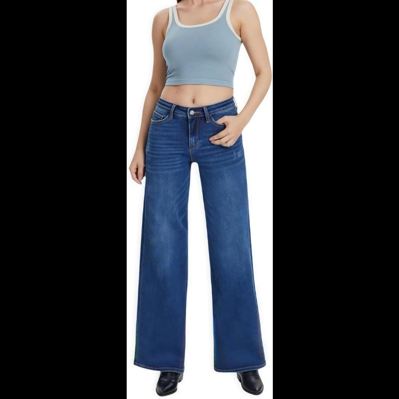 Avis mid-low stretch jeans for women in blue with high waist and wide leg styling