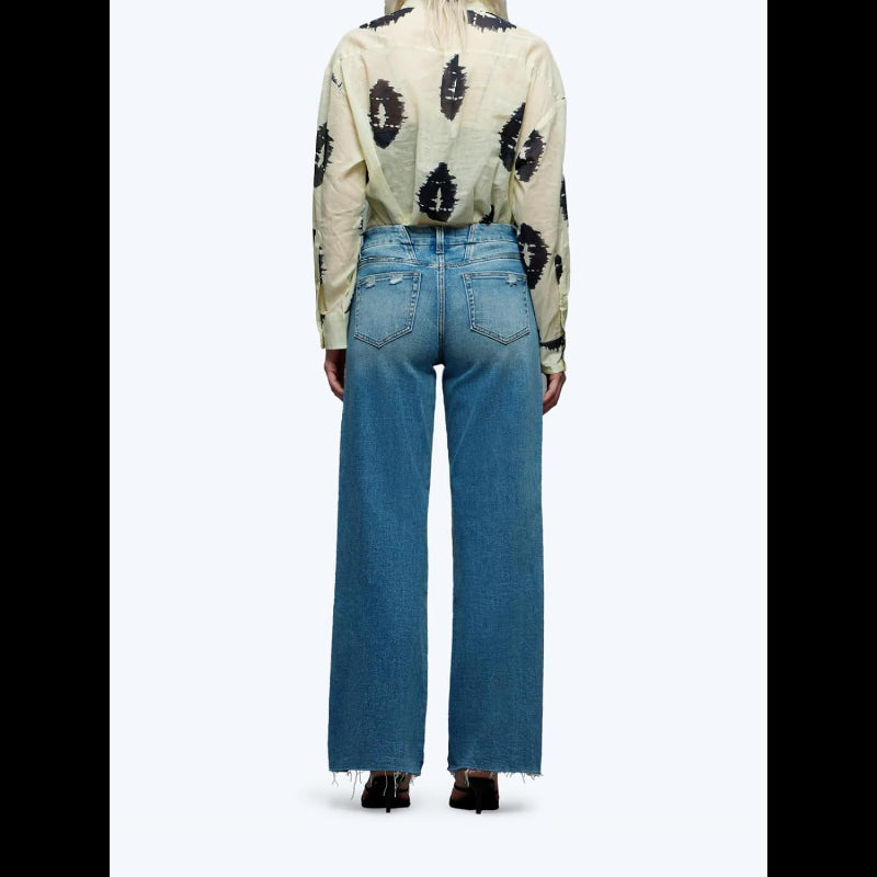 Avis mid-low stretch jeans for women shown from the back with wide legs and raw hem detail