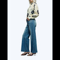 Avis mid-low stretch jeans for women in blue denim with wide leg and raw hem styling