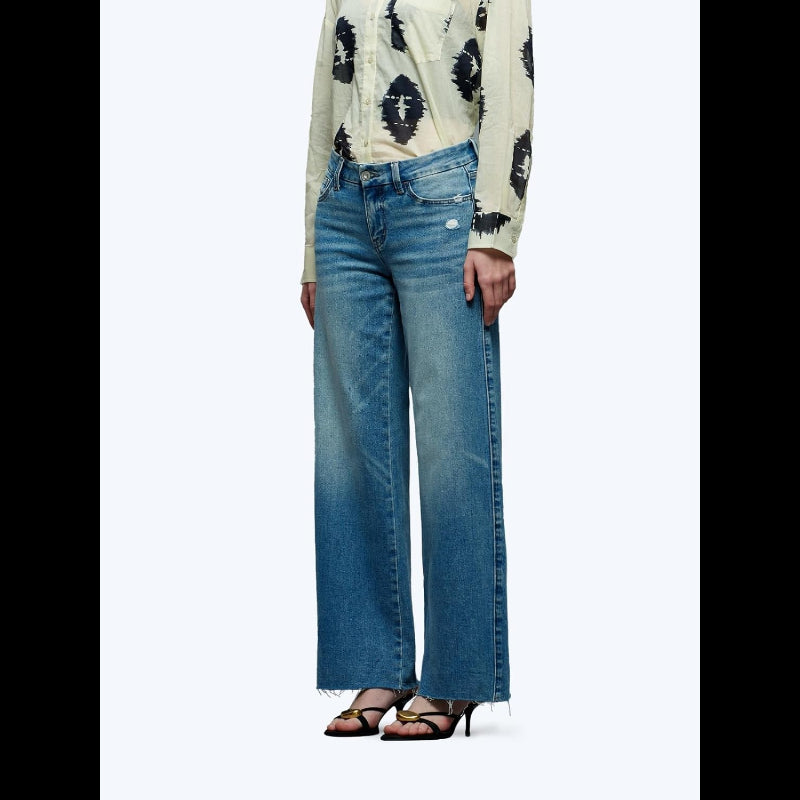 Avis mid-low stretch jeans for women in blue denim with a wide-leg fit and frayed hem