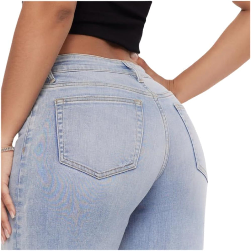 Avis mid-low stretch jeans for women in light blue denim showing back and pocket details