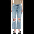 Avis mid-low stretch jeans for women with ripped knees and frayed hems in light blue denim