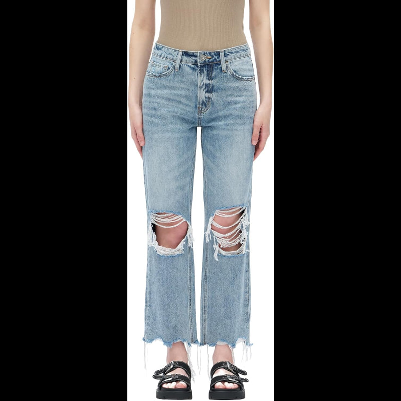 Avis mid-low stretch jeans for women with ripped knees and frayed hems in light blue denim