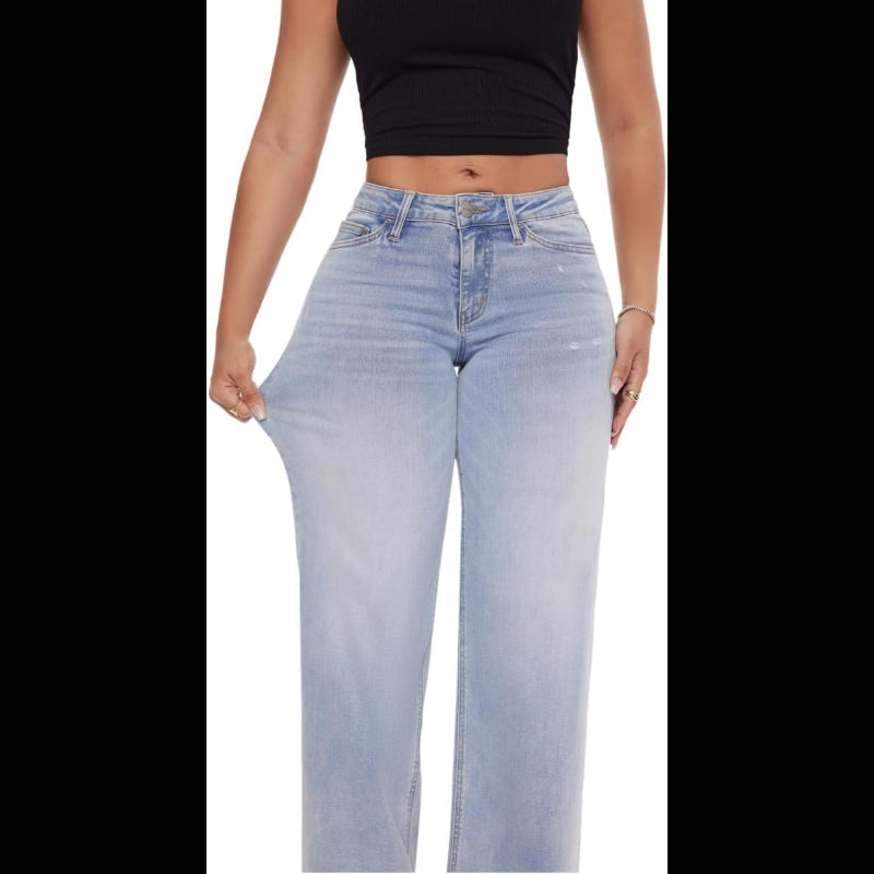 Avis mid-low stretch jeans for women in light blue denim showing back and pocket details