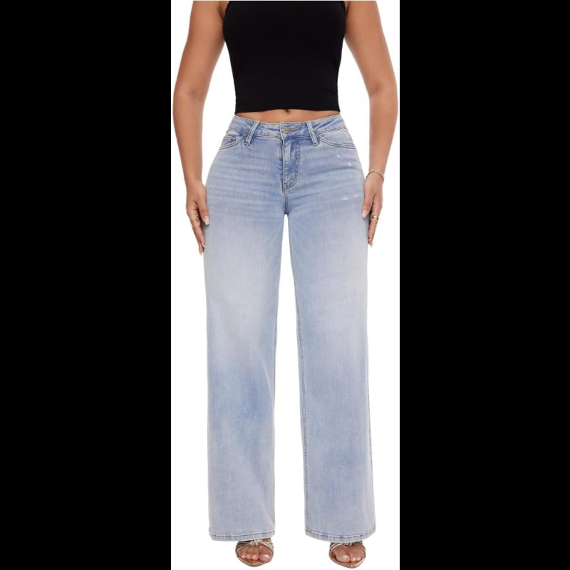 Avis mid-low stretch jeans for women in light blue with wide leg and high waist styling
