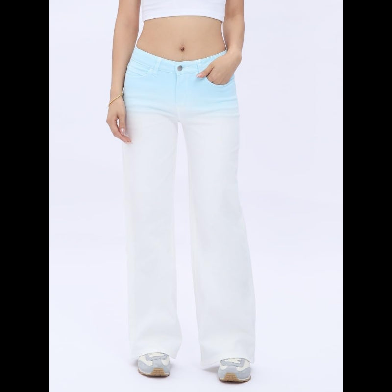 Avis mid-low stretch jeans for women in white with blue gradient waist and wide leg design