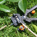 ForKumi professional grafting tool kit with black handles and orange adjustment knob on green grass