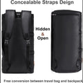 Black PU leather duffel bag with convertible concealed straps for use as travel bag or backpack