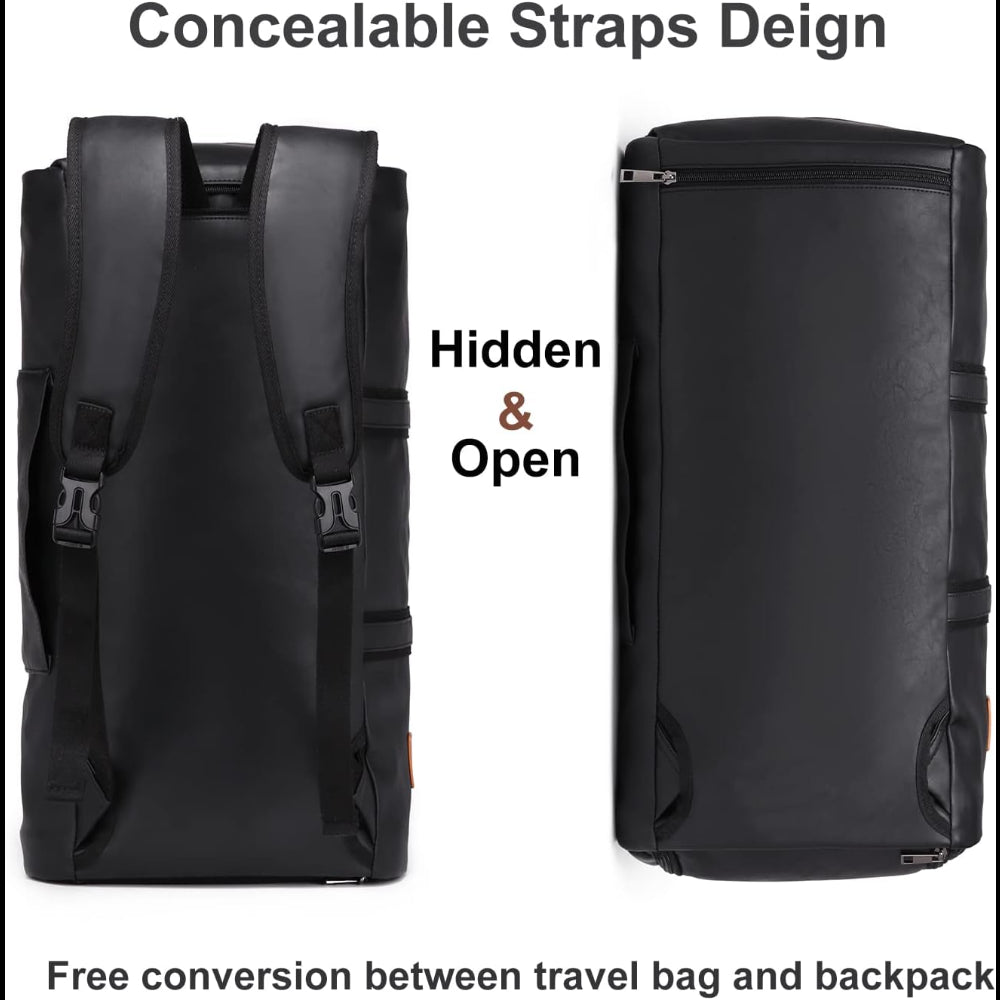Black PU leather duffel bag with convertible concealed straps for use as travel bag or backpack