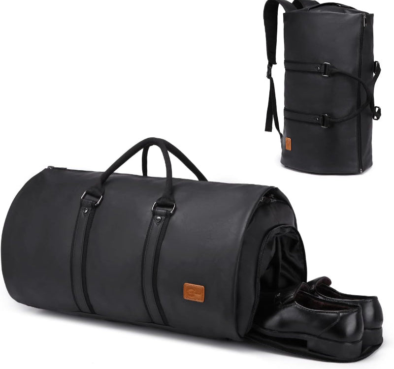 Black PU leather duffel bag with separate shoe compartment and adjustable straps for easy carrying