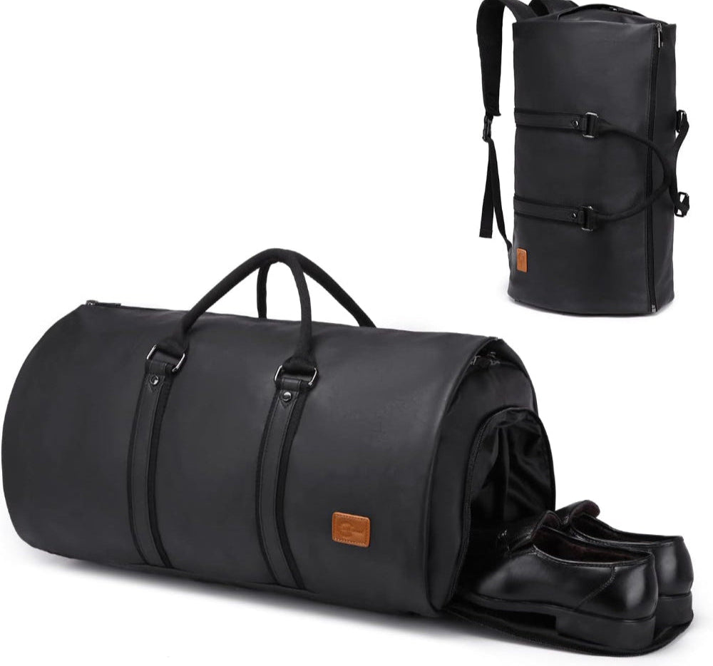 Black PU leather duffel bag with shoe compartment and adjustable backpack straps