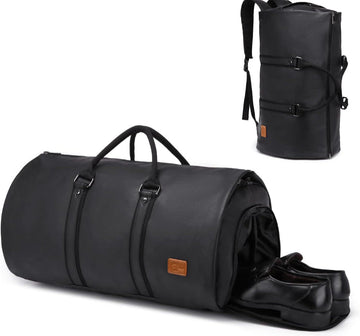 Black PU leather duffel bag with shoe compartment and adjustable backpack straps