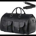 Black PU leather duffel bag with dual front pockets and detachable shoulder strap