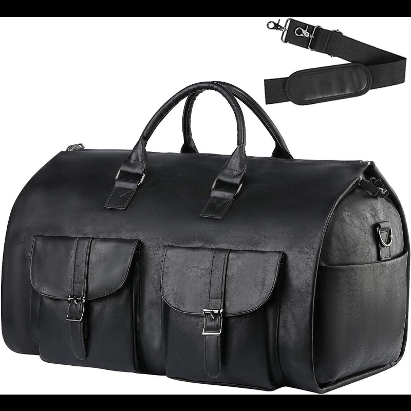 Black PU leather duffel bag with dual front pockets and detachable shoulder strap