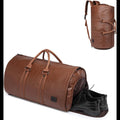 Brown PU leather duffel bag with separate shoe compartment and detachable backpack straps