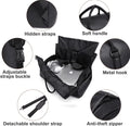 Black PU leather duffel bag with hidden straps, soft handle, adjustable buckles, metal hooks, detachable shoulder strap, and anti-theft zipper