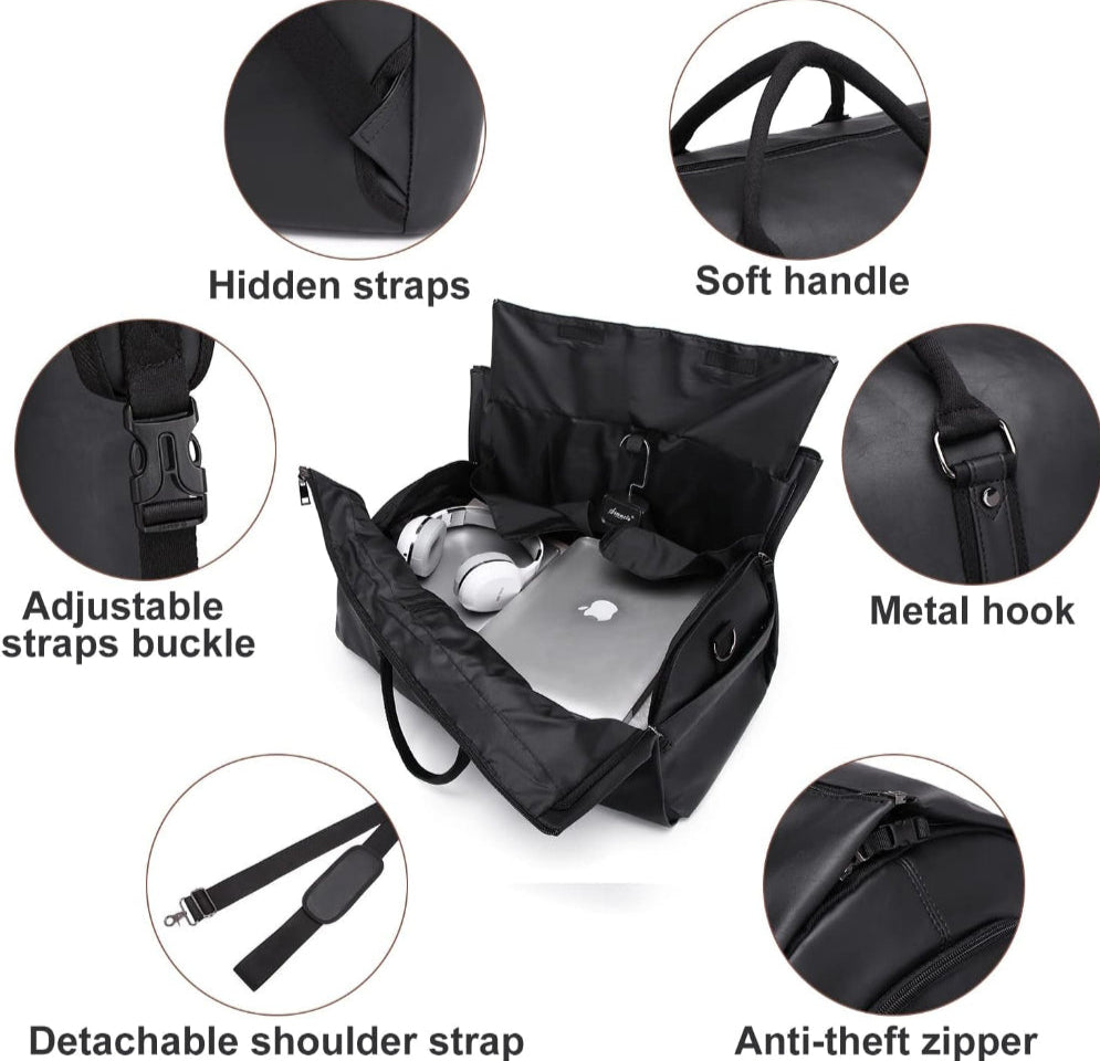 Black PU leather duffel bag with hidden straps, soft handle, adjustable buckles, metal hooks, detachable shoulder strap, and anti-theft zipper