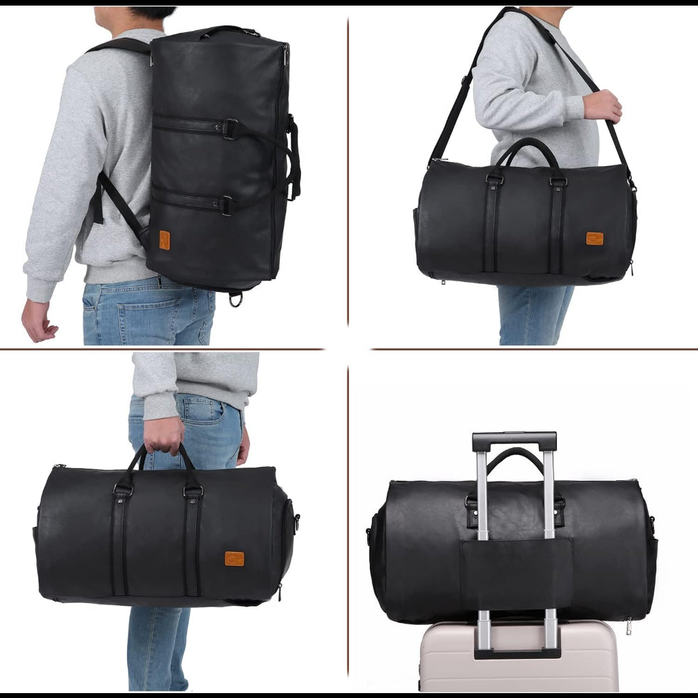 Black PU leather duffel bag carried as backpack, shoulder bag, hand bag, and on a suitcase