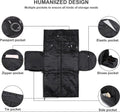 Black PU leather duffel bag with multiple pockets including passport, zipper, tie, elastic, shoes, and side pockets