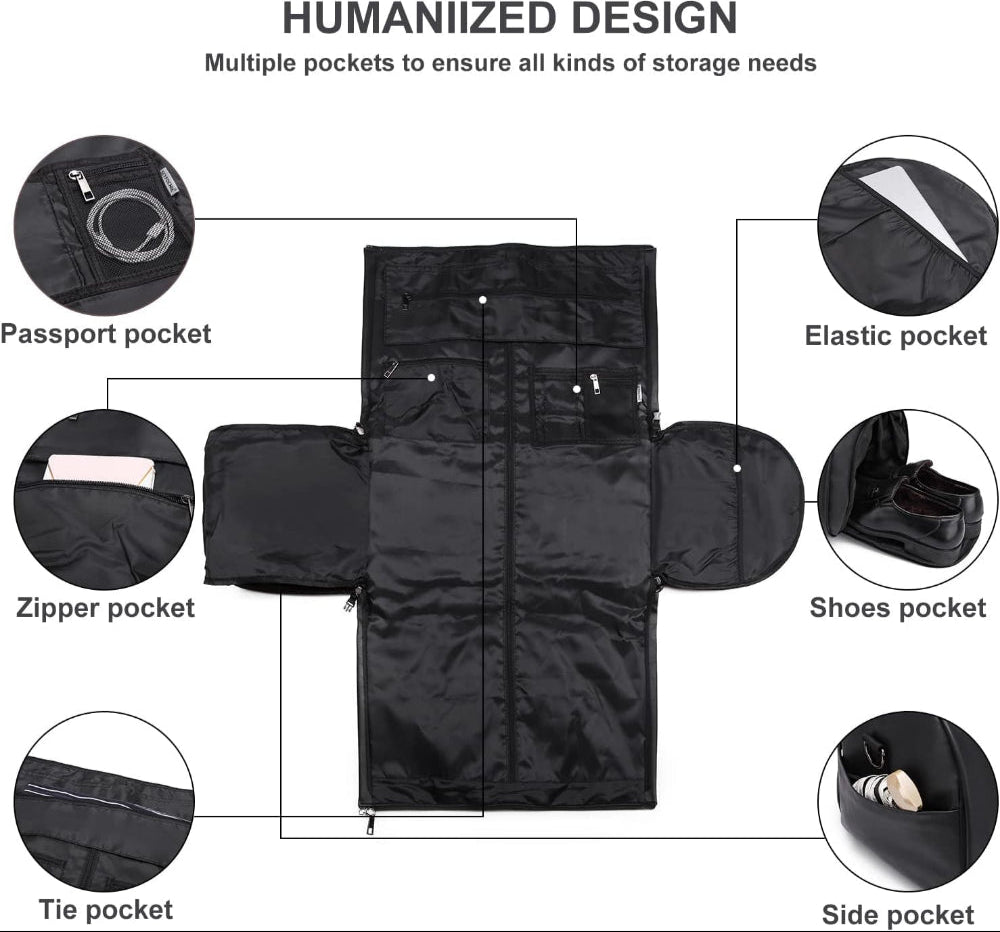 Black PU leather duffel bag with multiple pockets including passport, zipper, tie, elastic, shoes, and side pockets