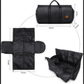 Black PU leather duffel bag with handles showing dimensions and spacious interior layout