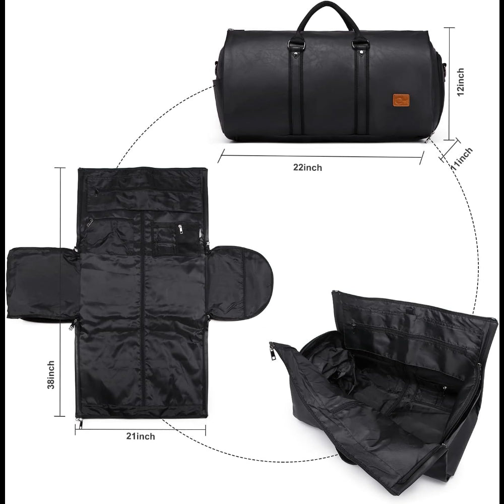 Black PU leather duffel bag with handles showing dimensions and spacious interior layout