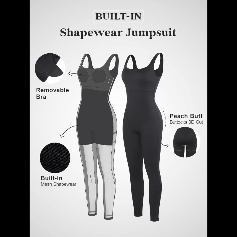 Avis black tummy control jumpsuit with sleeveless design and square neckline on model with clutch