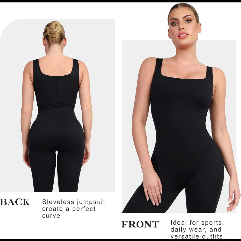 Avis black sleeveless tummy control jumpsuit with square neckline for a perfect curve and daily wear