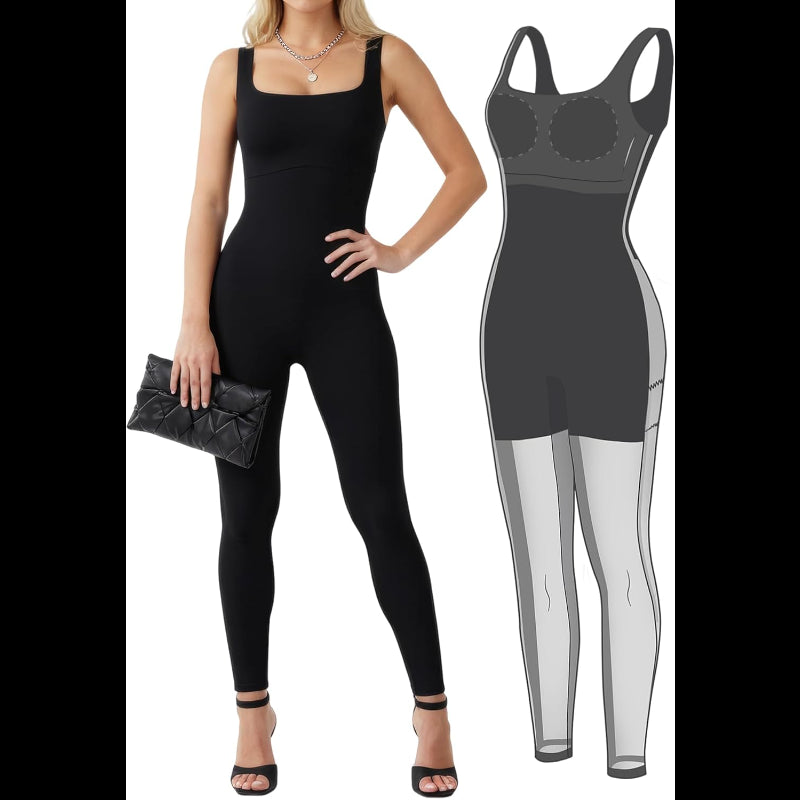 Avis black tummy control jumpsuit with sleeveless design and square neckline on model with clutch