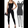 Avis black tummy control jumpsuit with sleeveless design and square neckline on model with clutch