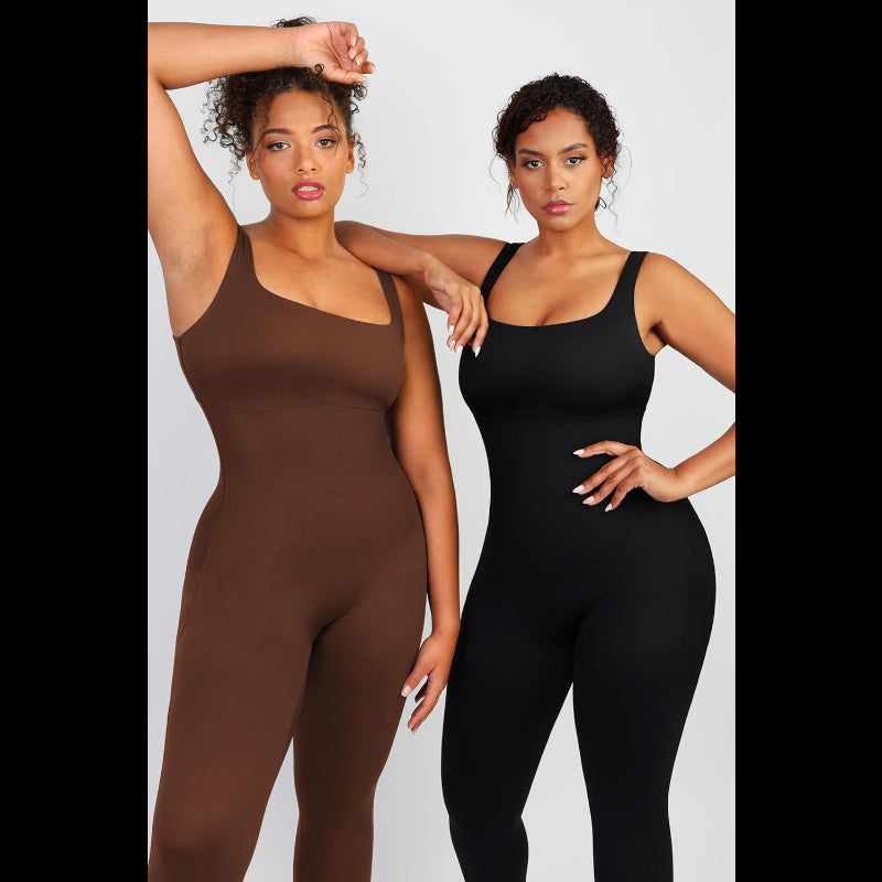 Avis brown and black tummy control jumpsuit fitted clothing series worn by two models