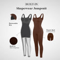 Avis tummy control jumpsuit with built-in mesh shapewear, removable bra, and peach butt design