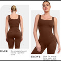 Avis sleeveless brown tummy control jumpsuit with a square neckline, designed to create a perfect curve